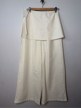 Cream Pinstripe Linen Wide-Leg Removable Wrap Pants